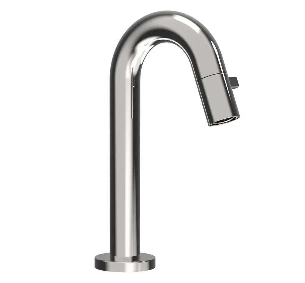 Einhebelmischer aus Chrom mit gebogenem Auslauf, gefertigt von HANSA. Der Wasserhahn hat eine einfache Bedienung und ist für Waschtische geeignet.